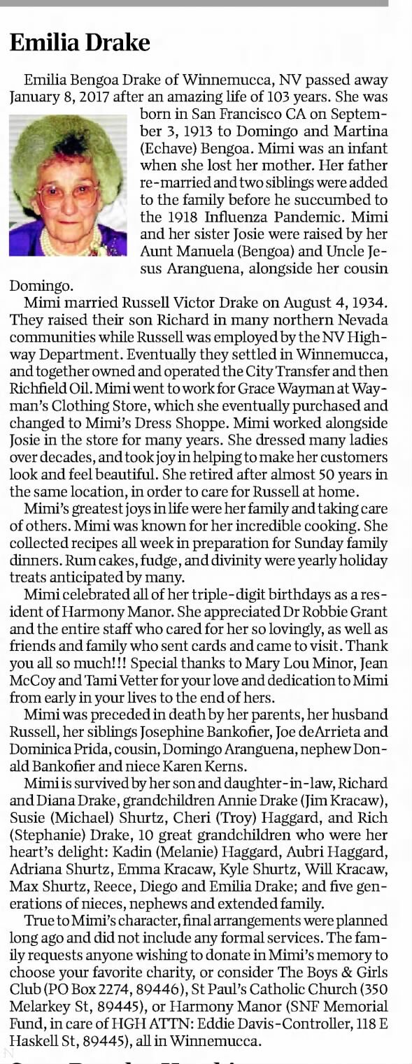 Obituary for Emilia Bengoa Drake, 1913-2017 (Aged 103)